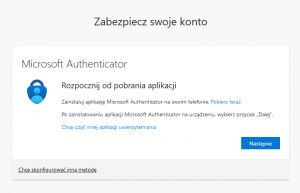 Prosba o instalację aplikacji „Microsoft Authenticator”.