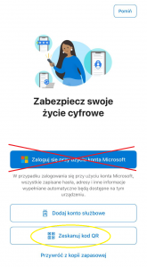 Wybieramy „Zeskanuj kod QR” lub jeżeli opcja ta nie jest dostępna to „Dodaj konto służbowe”, a następnie „Zeskanuj kod QR”